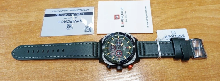 NOWY MASYWNY ZEGAREK NAVIFORCE, WOJSKOWY STYL, DAY-DATE, CHRONOGRAF ZIELONY