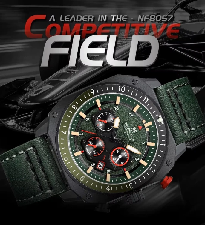 NOWY MASYWNY ZEGAREK NAVIFORCE, WOJSKOWY STYL, DAY-DATE, CHRONOGRAF ZIELONY