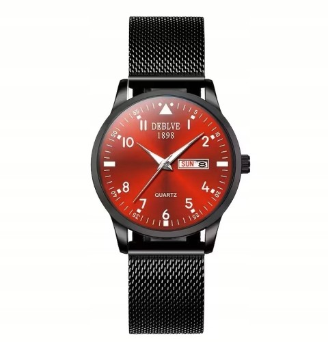 LUKSUSOWY, CZYTELNY ZEGAREK Z DATOWNIKIEM DAY-DATE LUMINOUS CZERWONA TARCZA