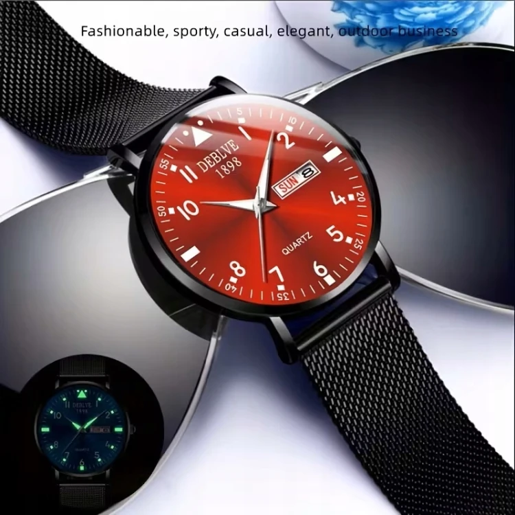 LUKSUSOWY, CZYTELNY ZEGAREK Z DATOWNIKIEM DAY-DATE LUMINOUS CZERWONA TARCZA