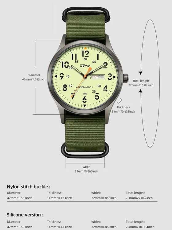 Zegarek TPW LUMINOUS - wojskowy styl, super design DAY- DATE - czarny