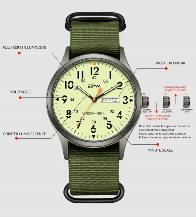 Zegarek TPW LUMINOUS - wojskowy styl, super design DAY- DATE - czarny