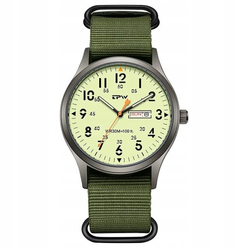 Zegarek TPW LUMINOUS - wojskowy styl, super design DAY- DATE - zielony