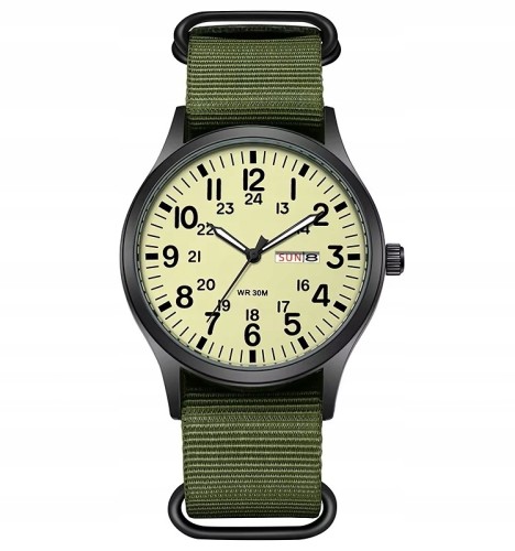 Zegarek TPW LUMINOUS - wojskowy styl, super design DAY- DATE, zielony